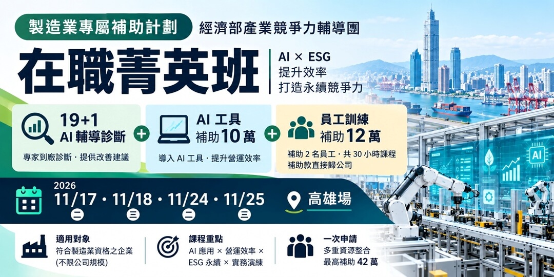 （高雄場）【製造業專屬補助計劃】經濟部產業競爭力輔導團在職菁英班